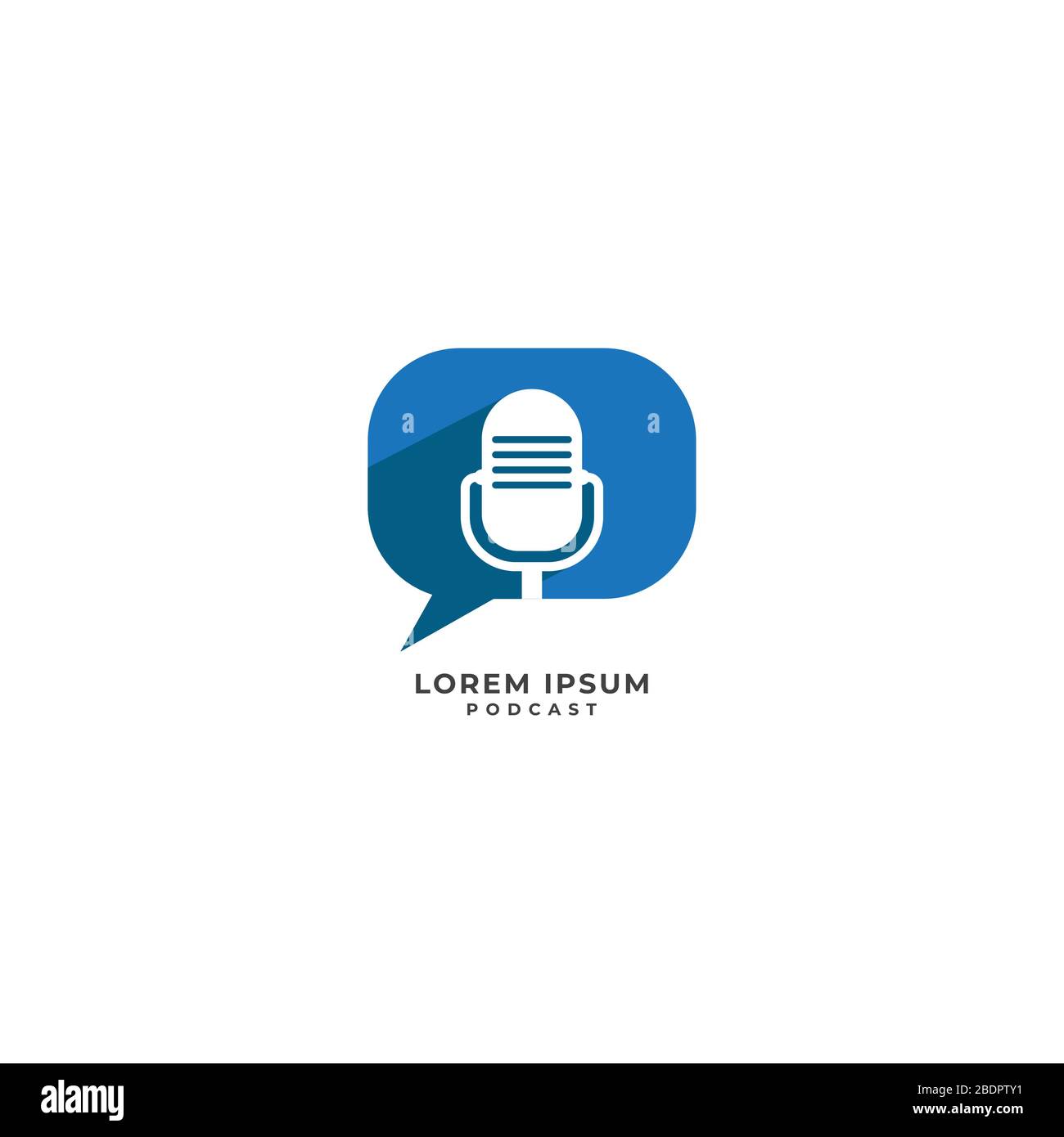 Minimal podcast logo design concept. Retro microphone illustration with blue call out shape or chatting icon behind. Broadcasting, Host, Announcher Stock Vector