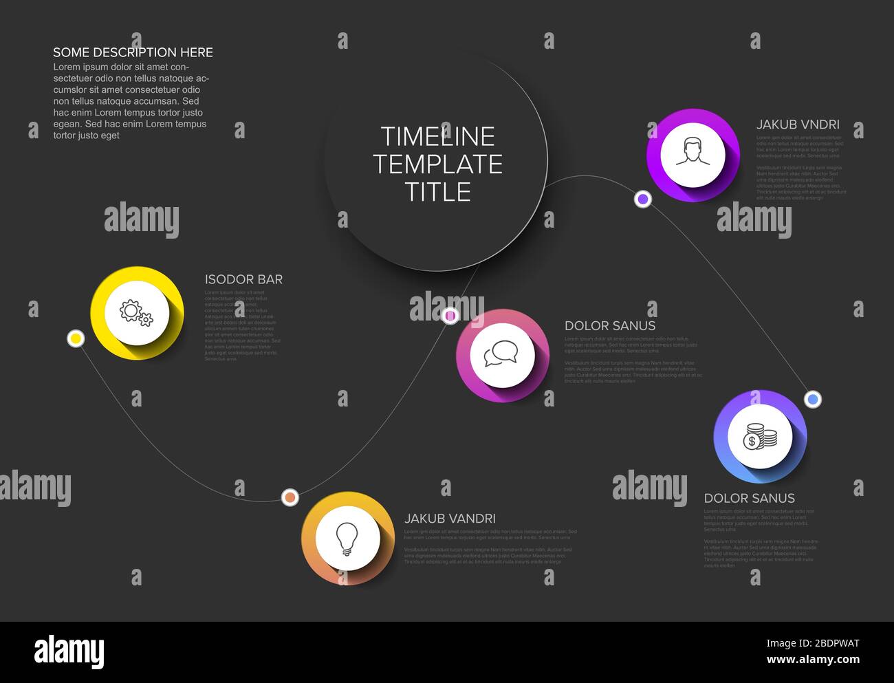infographic dark vertical timeline template design... Vector Infographic timeline template with curved line, circle buttons ...