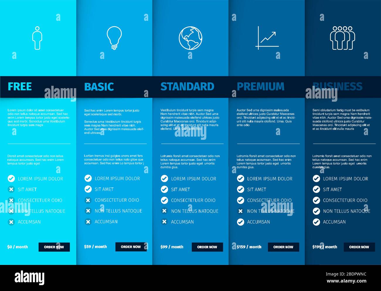Products service feature compare list table template with various options, description, features