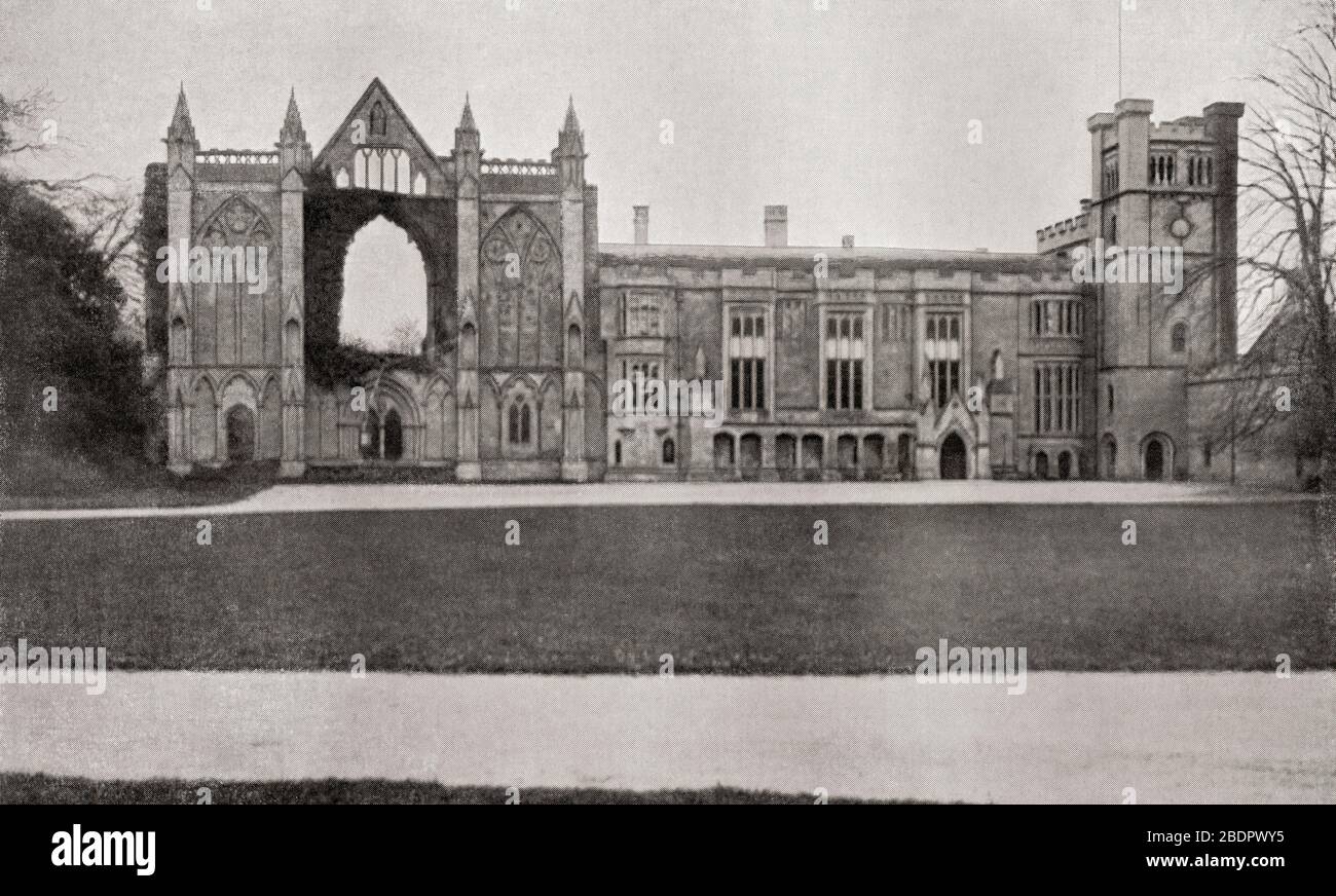 Newstead Abbey, a former Augustinian priory, Nottinghamshire, England, seen here c. 1900. Home of Lord Byron.  George Gordon Byron, 6th Baron Byron, 1788 –1824. English poet, peer and politician.  From The International Library of Famous Literature, published c.1900 Stock Photo