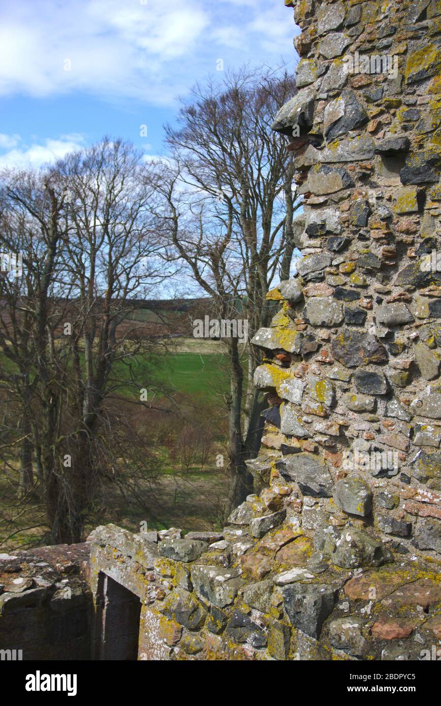 View west over the Berwickshire fields from the ruin of the 16th century Greenknowe Tower near Gordon, Scottish Borders, UK Stock Photo