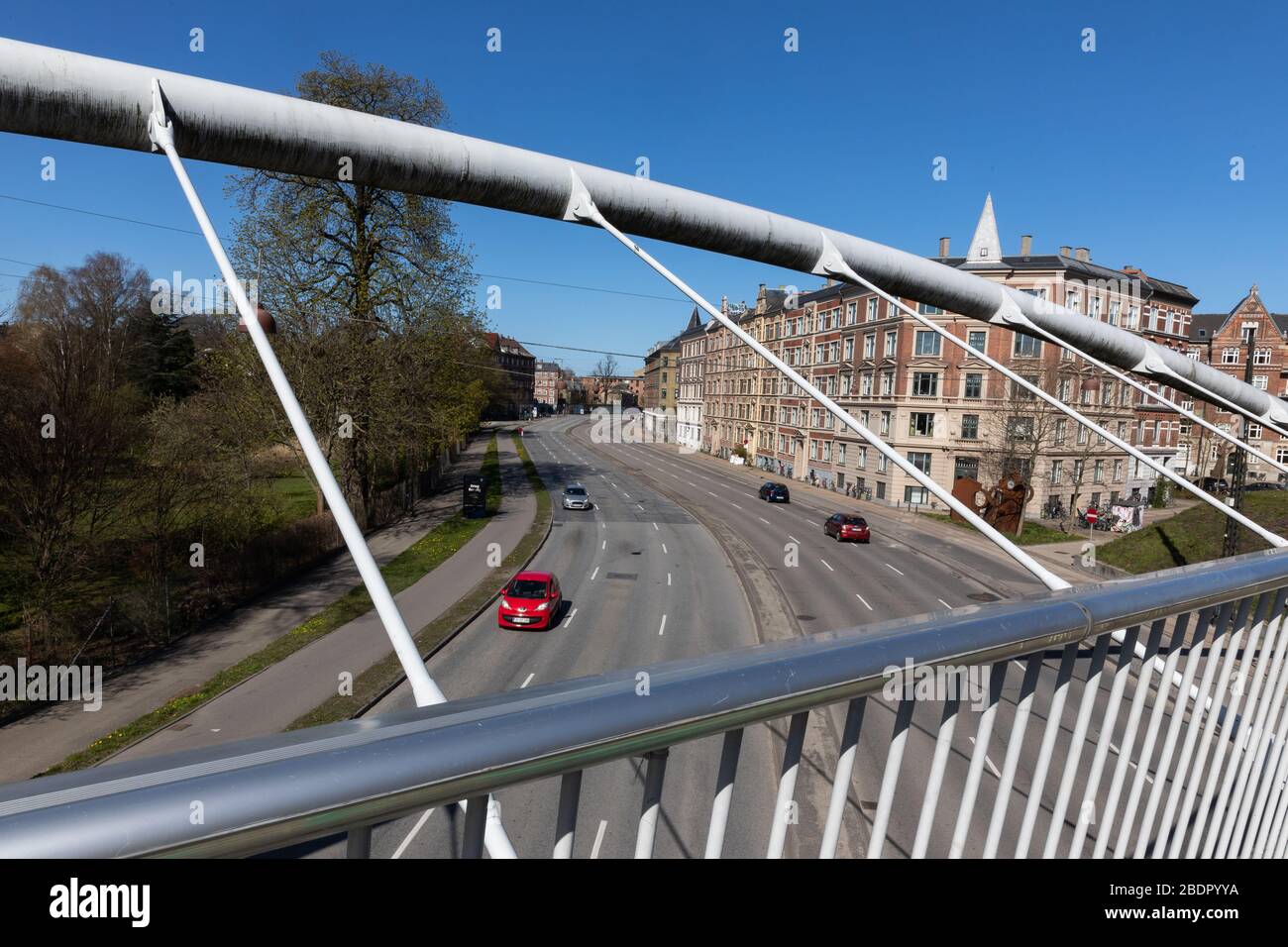 Very little traffic on a normally very busy road into Copenhagen during the corona lockdown. Stock Photo
