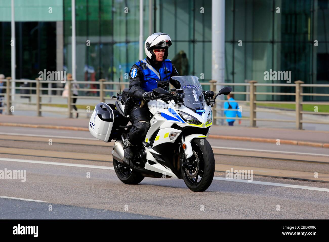 Helsinki, Finland. August 21, 2019. Motorcycle policeman in central Helsinki on the day of Russian President Vladimir Putin's visit. Stock Photo