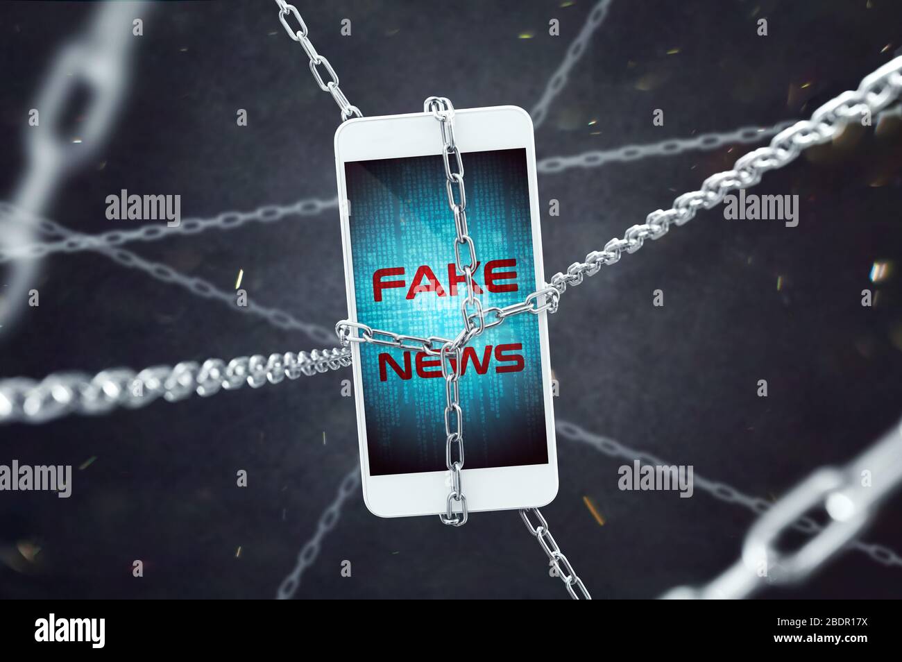 Smartphone with fake news inscription in chains. Conception of increasing problem of fake news. Stock Photo