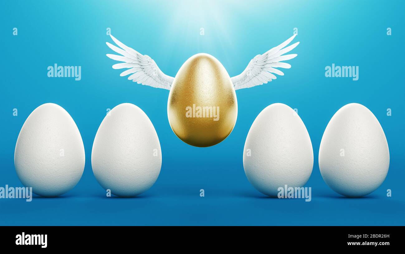 Concept of individuality or exclusivity. Golden egg takes off, waving its wings, among white eggs on blue background. 3d rendering Stock Photo