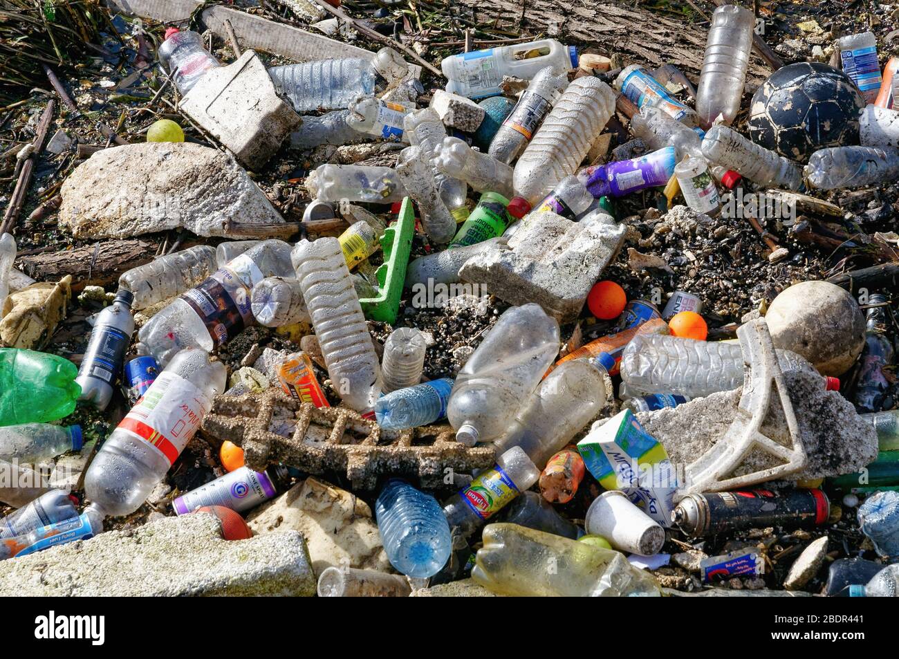 Close up of a mixture of polluting plastic waste forming an unsightly mess Stock Photo