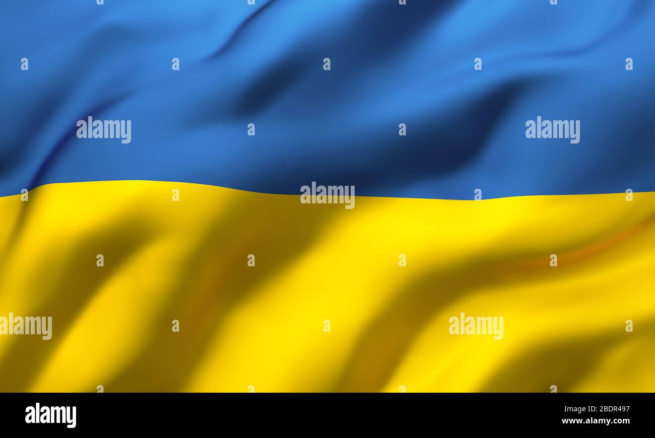 Flag of Ukraine blowing in the wind. Full page Ukrainian flying flag. 3D illustration. Stock Photo