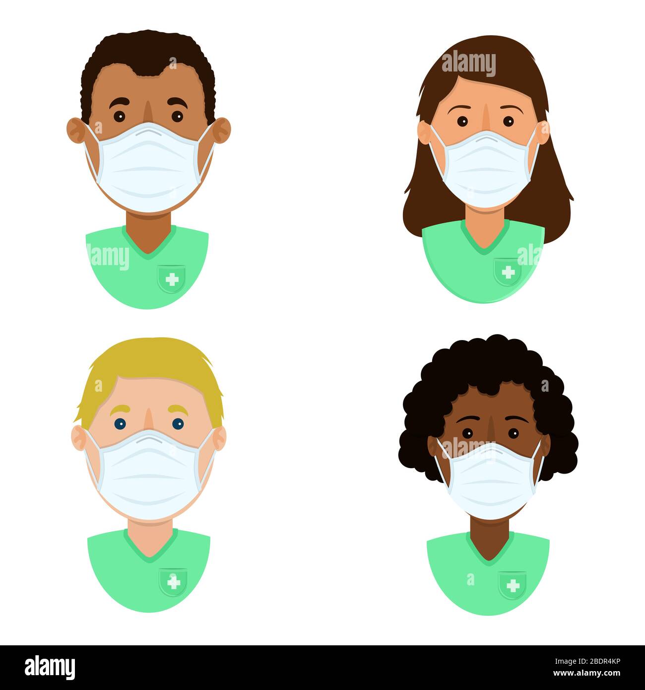 Set of health professionals with surgical mask for protection. Ethnic