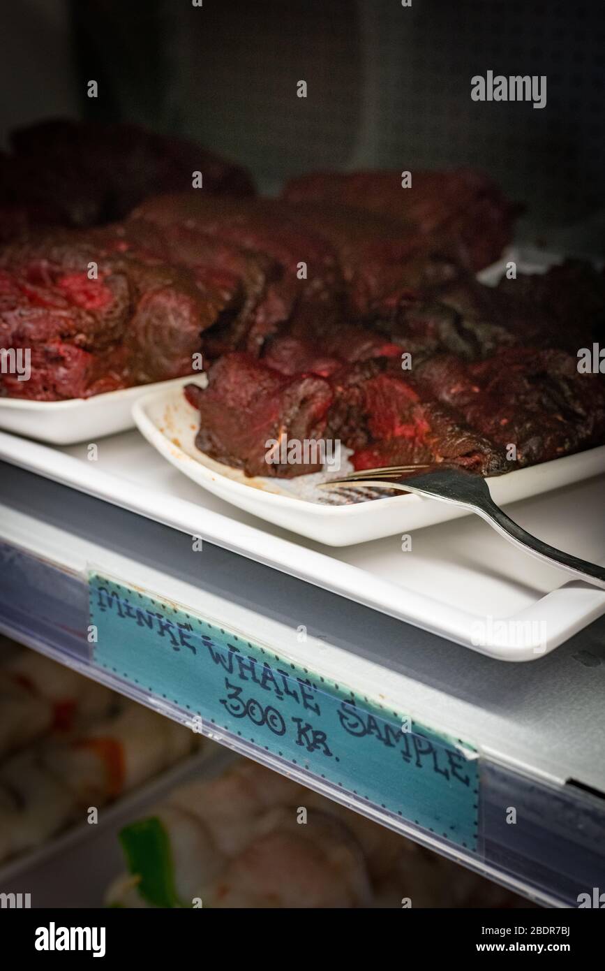 Minke whale meat for sale at Sægreifinn in Reykjavik, Iceland Stock