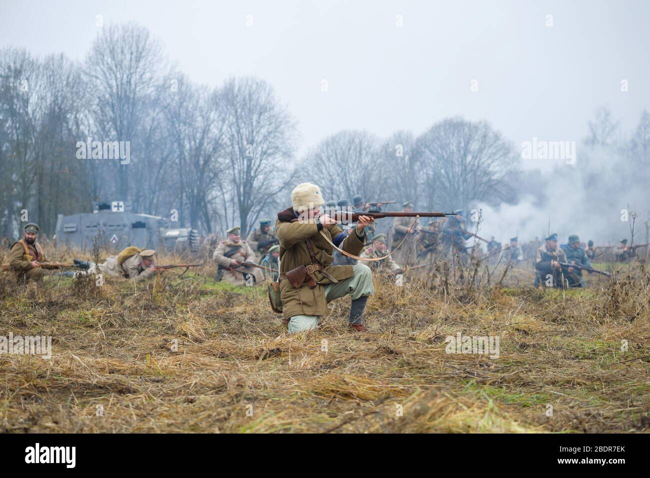 GATCHINA, RUSSIA - NOVEMBER 07, 2015: Estonian militia officer from the army of General Yudenich on the battlefield. A fragment of the international m Stock Photo