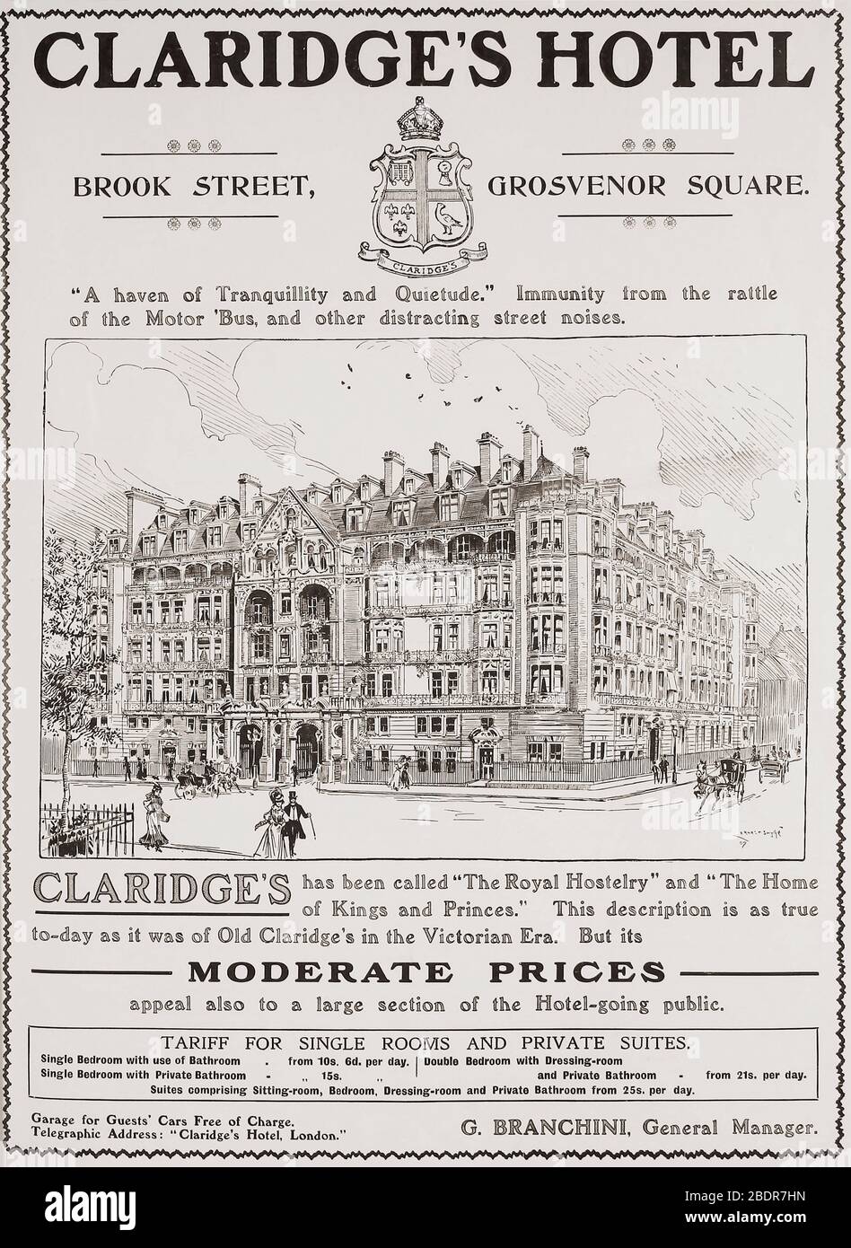 An advertisement for Claridge’s Hotel, London, in the January 1907 edition of The Graphic, a weekly illustrated newspaper, published in London from 1869 to 1932. Stock Photo
