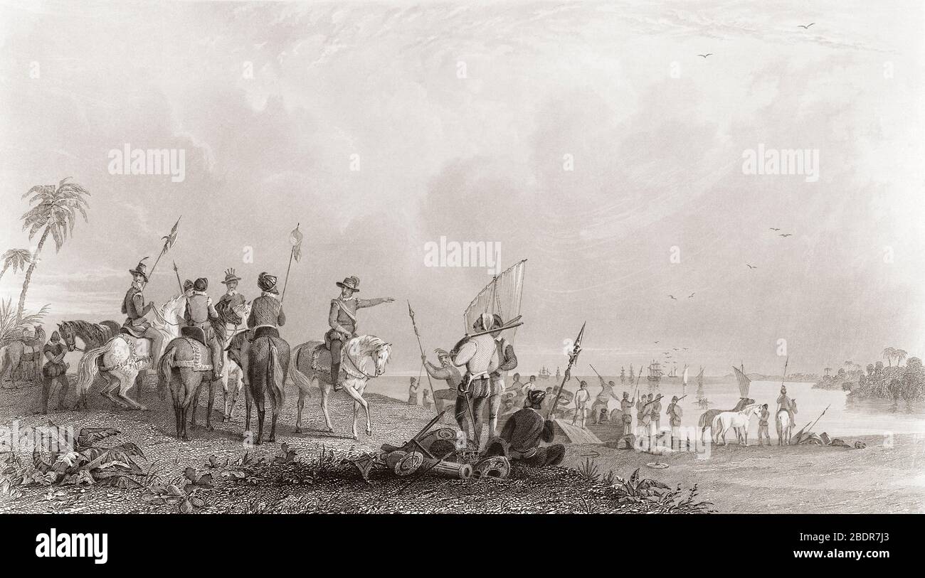 Hernando de Soto, c. 1495 – 1542.  Spanish explorer and conquistador. This 19th century engraving by James Smillie after a work by Seth Eastman shows De Soto landing at Tampa Bay, Florida, in May 1539. Stock Photo