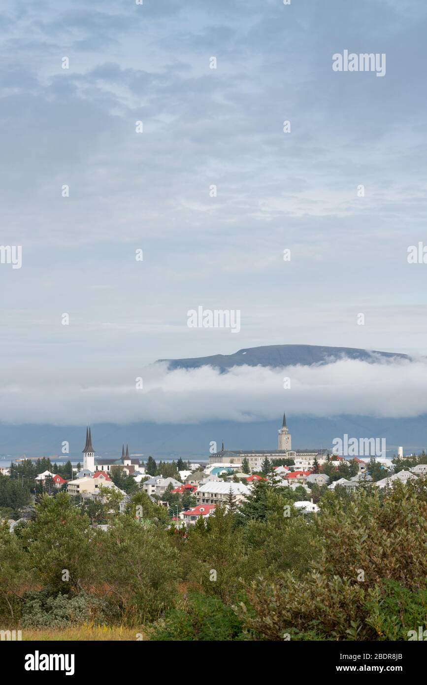The view of the Reykjavik skyline from Öskjuhlíð hill in Reykjavik, Iceland Stock Photo