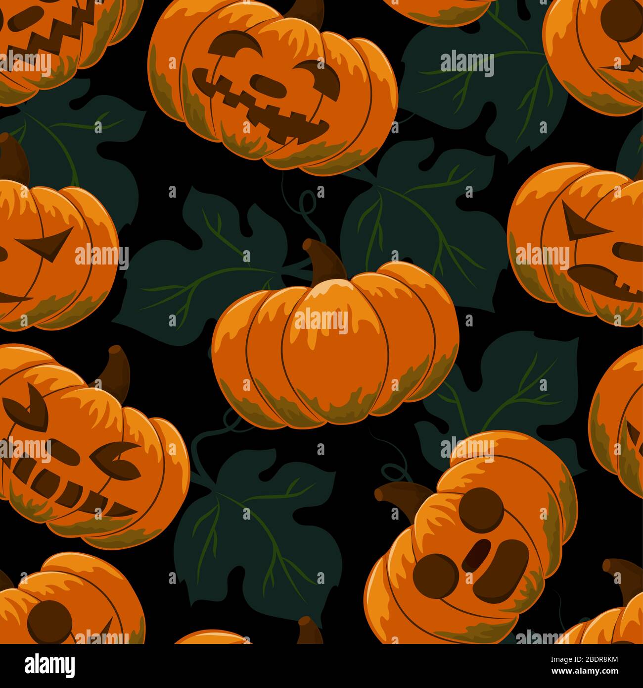 Vector, seamless background. Halloween. Background with leaves and pumpkins. Faces of vegetables. On black background Stock Vector