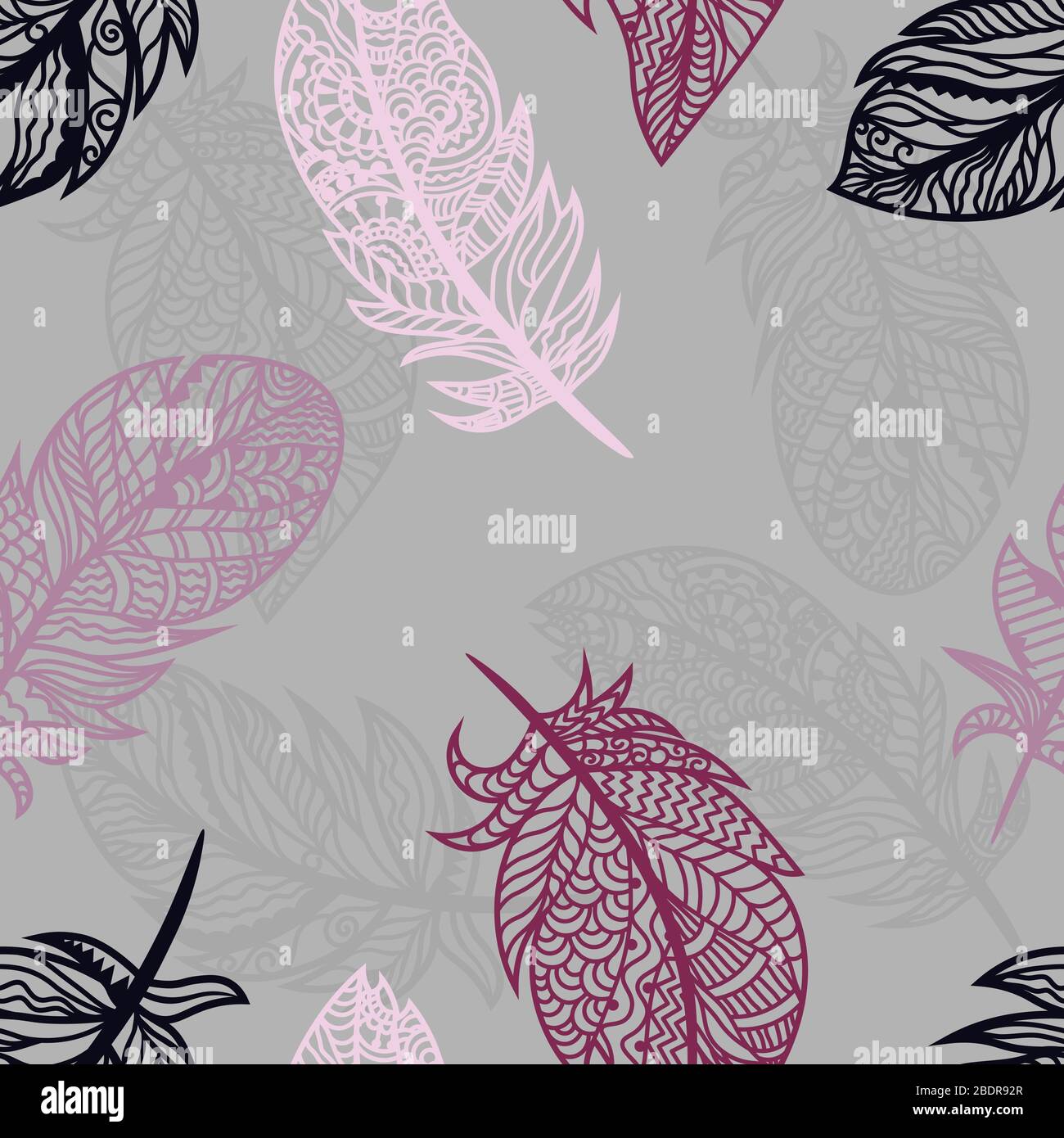 Bright colored feathers on a gray background. Vector for seamless illustration Stock Vector