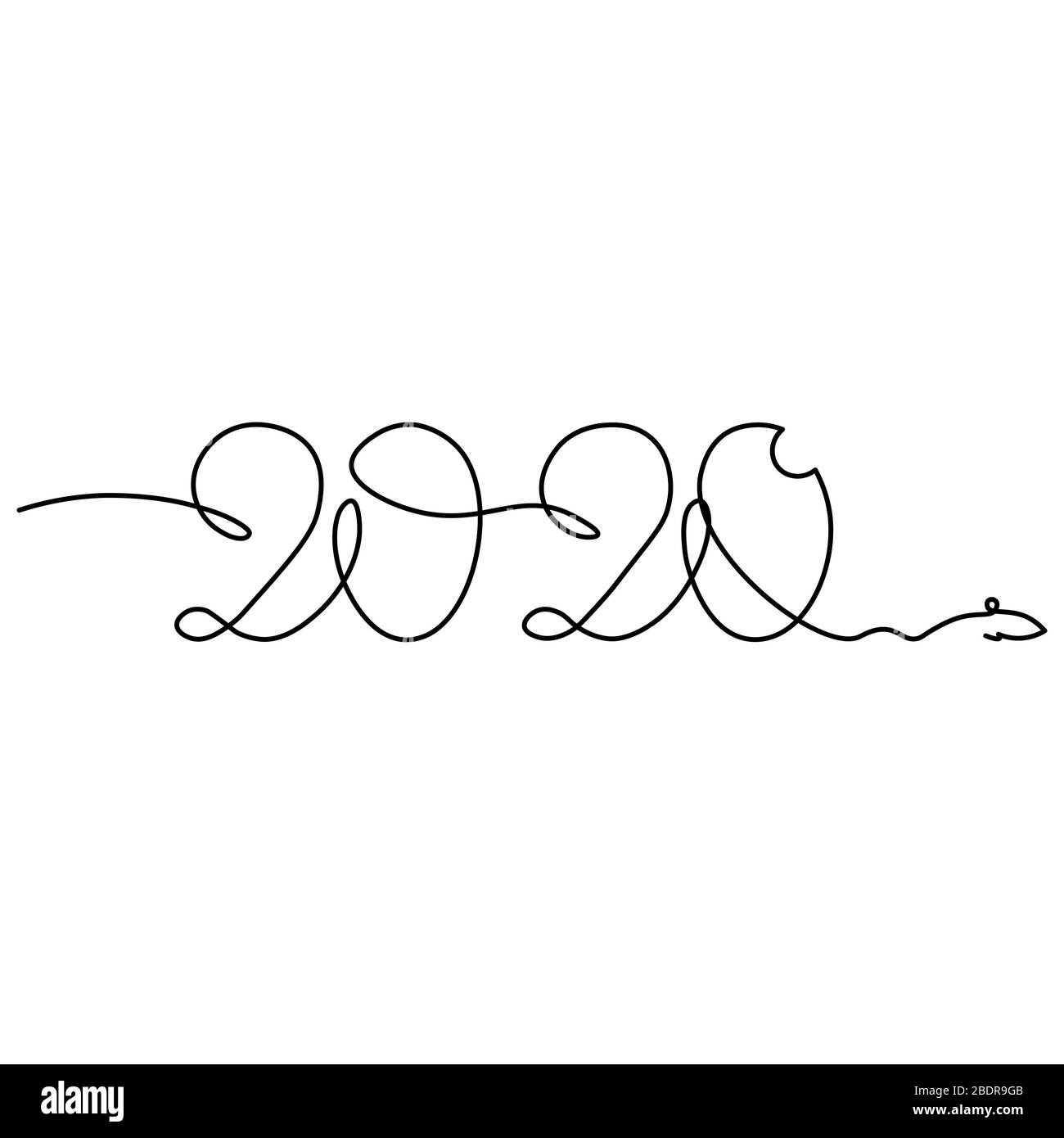 One continuous line drawing 2020. Vector new year illustration isolated on white background.. Stock Vector