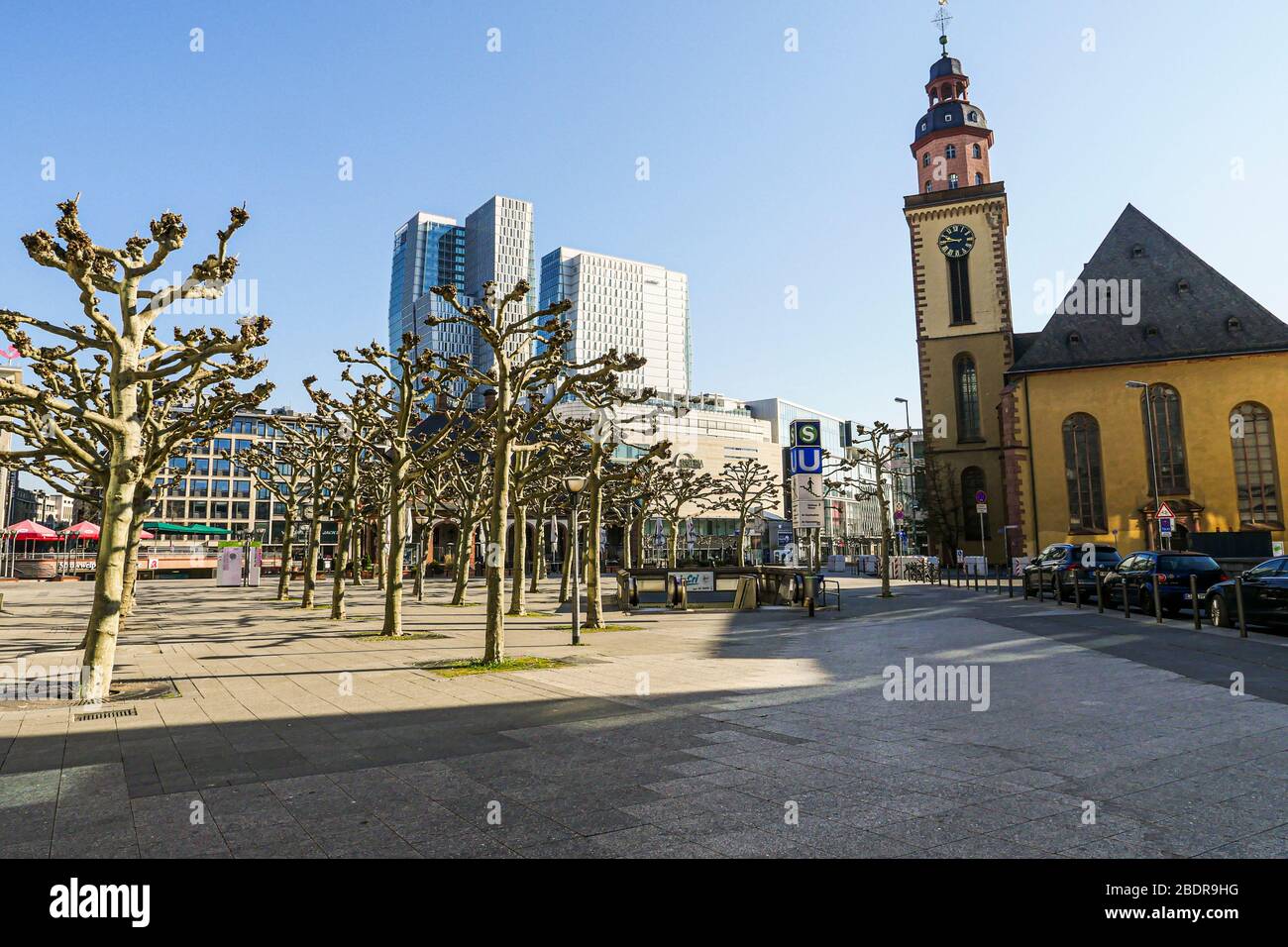 St. Pauls Church, Modern Buildings and Empty Promenade in Frankfurt  Stock Photo