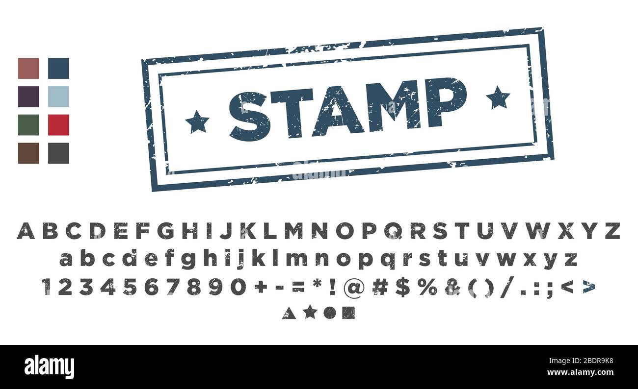 Stamp vector template. Alphabet font stamping. Stock Vector