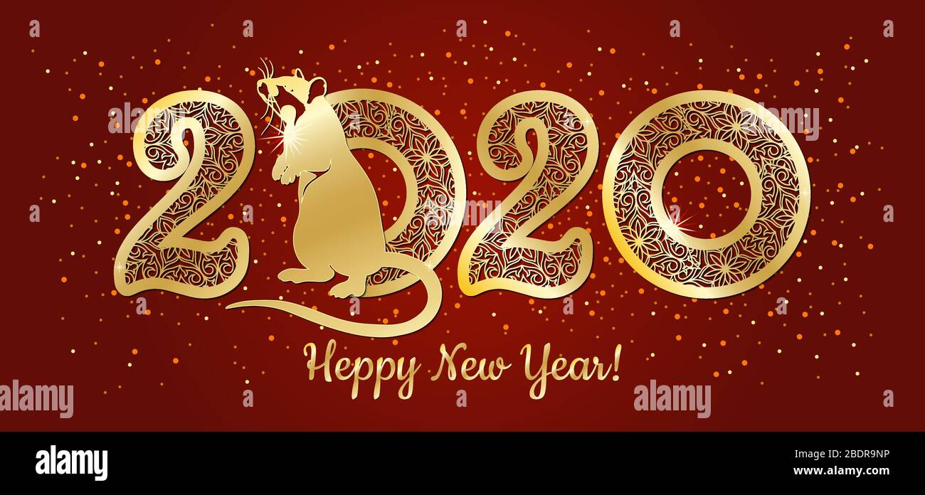 Chinese new year 2020 year of the rat , red and gold paper cut rat character, flower and asian elements with craft style on background.. Stock Vector