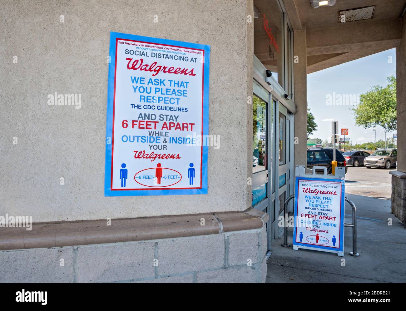Coronavirus social distancing sign outside Walgreens Pharmacy in Lake City, Florida. Stock Photo