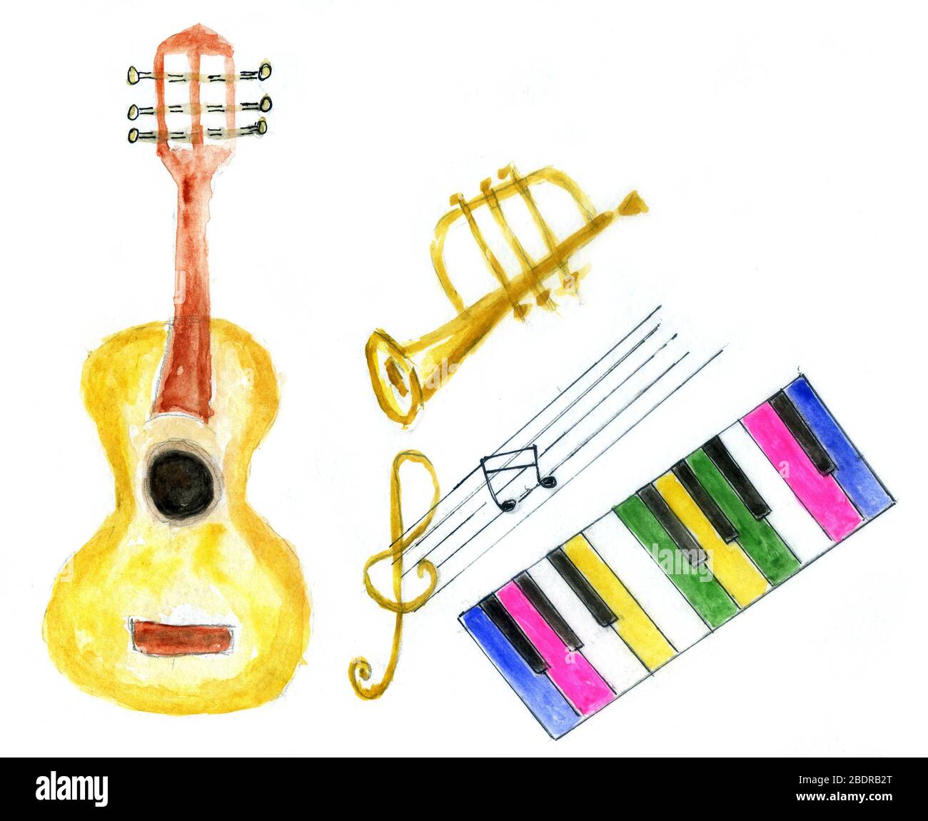Rainbow piano keyboard, music notes and trumpet hand drawn music