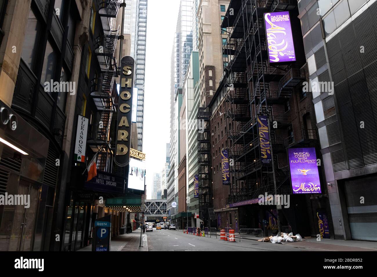 Evening view of Times Square area in Manhattan, empty & void of tourists; as businesses have been shut down to prevent the spread of COVID-19. Stock Photo