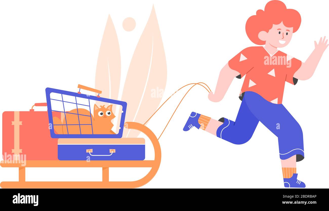 Boy runs and carries a sled with his things Stock Vector Image & Art ...