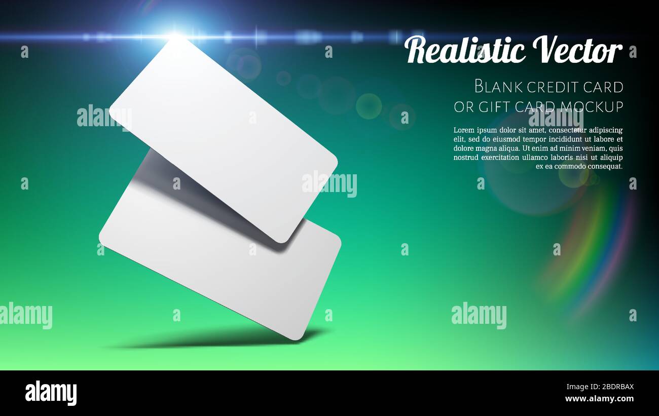 Brand Identity Concept Blank Credit Gift Or Business Card Mockup On Green Blue Layered Template For Design With Transparent Sci Fi Blue Star Special Lens Flare Light Effect And Vector Shadows Stock
