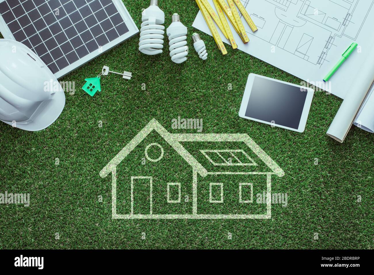 Picture of Sustainable house projects and green building concept: blueprint, solar ...