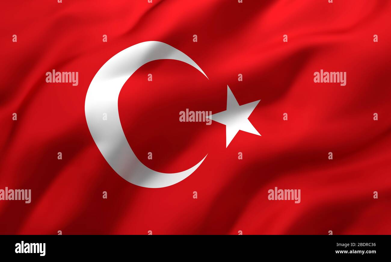 Flag of Turkey blowing in the wind. Full page Turkish flying flag. 3D illustration. Stock Photo