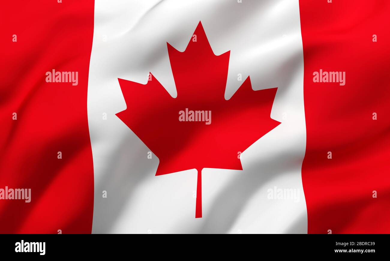 Flag of Canada blowing in the wind. Full page Canadian flying flag. 3D illustration. Stock Photo