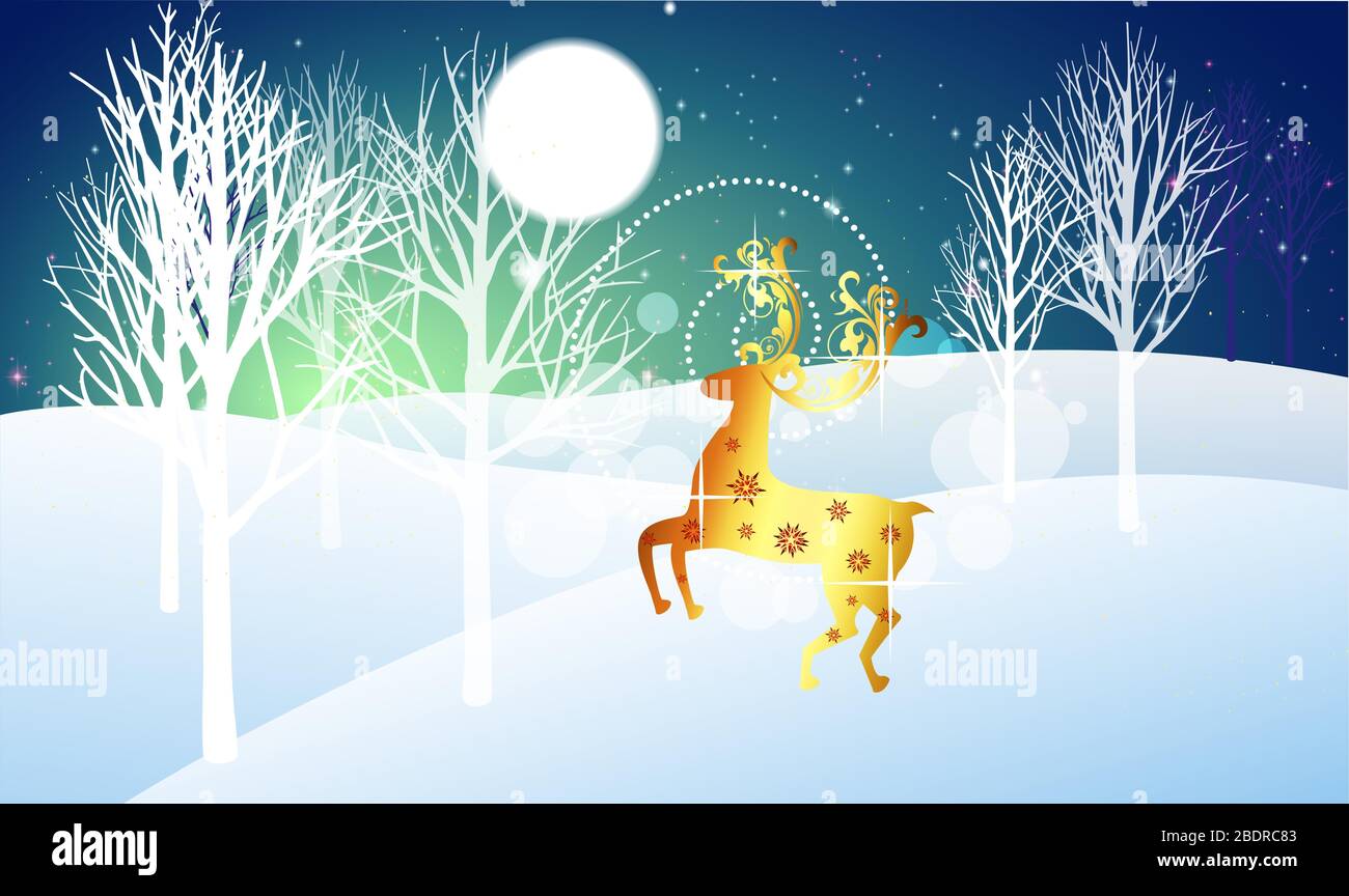golden deer is in forest snow in winter before Christmas Stock Vector