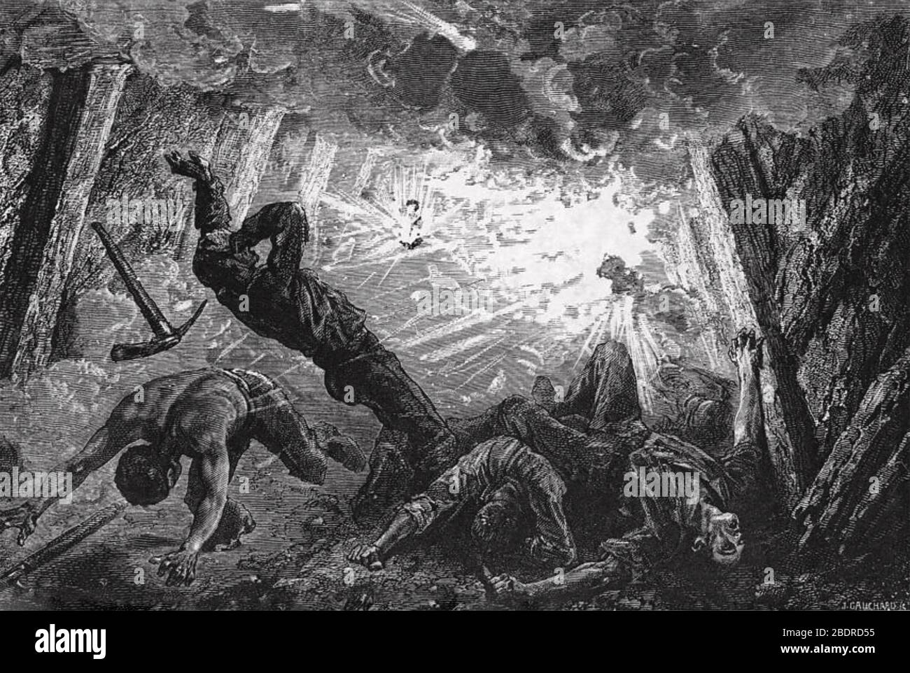 FIREDAMP EXPLOSION in a coal mine in 1860s. Stock Photo
