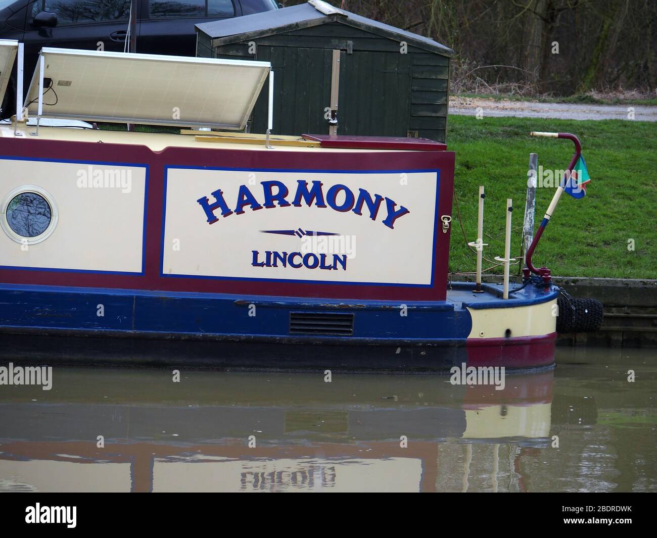 Narrow Boat 'Harmony' moored on Foss Dyke Navigation, between Lincoln and Burton Waters Stock Photo