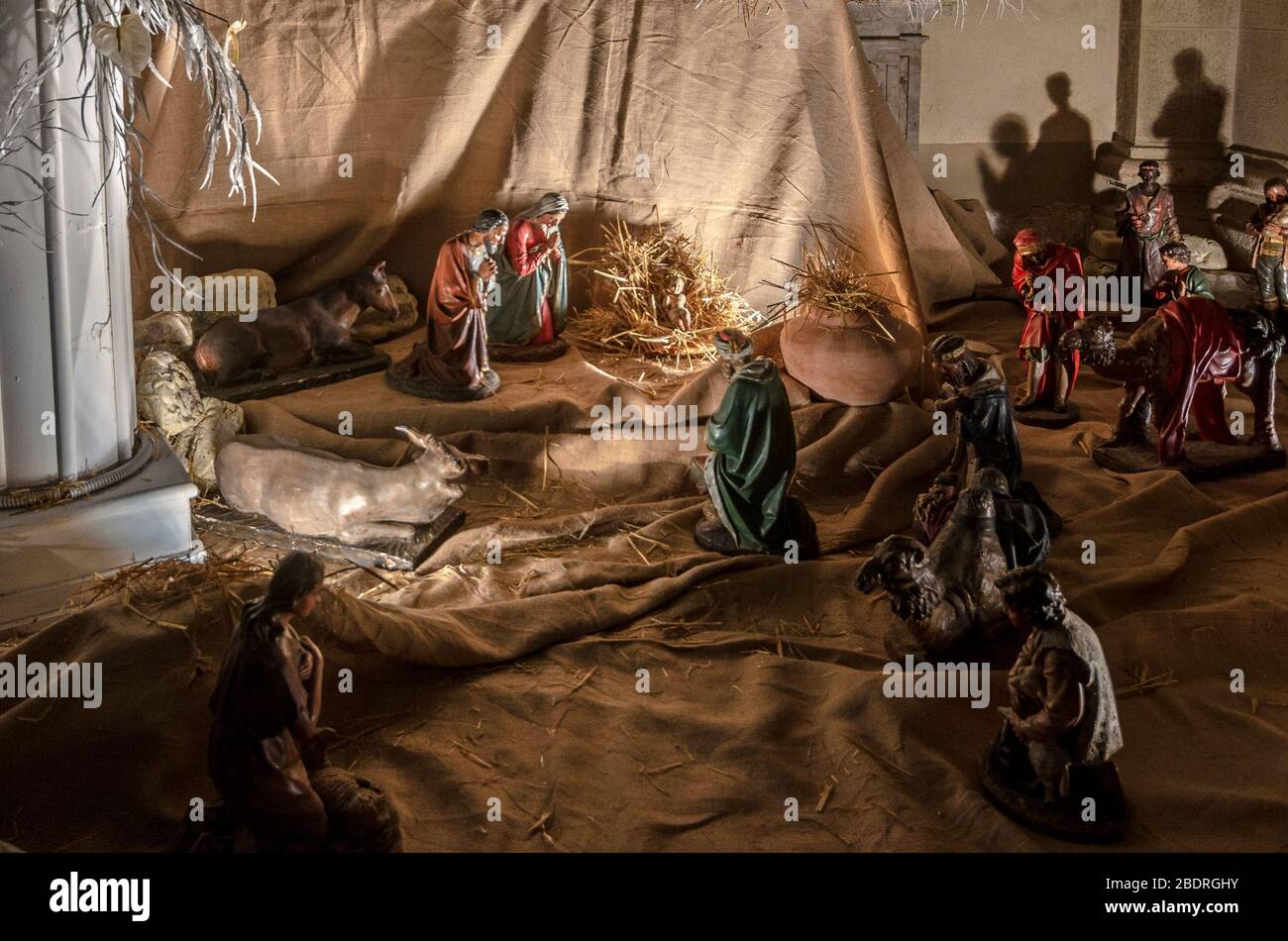 Representation of the traditional Christmas nativity scene with wooden statues Stock Photo