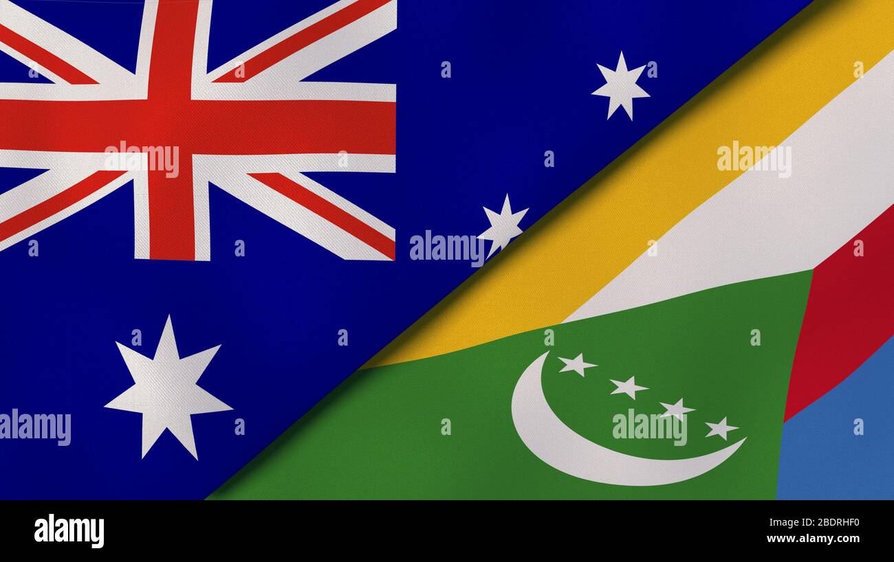 Two states flags of Australia and Comoros. High quality business background. 3d illustration Stock Photo