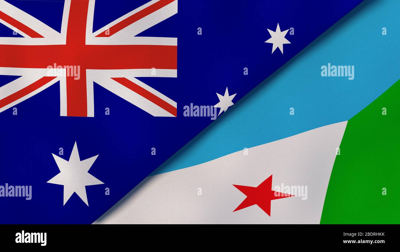 Two states flags of Australia and Djibouti. High quality business background. 3d illustration Stock Photo