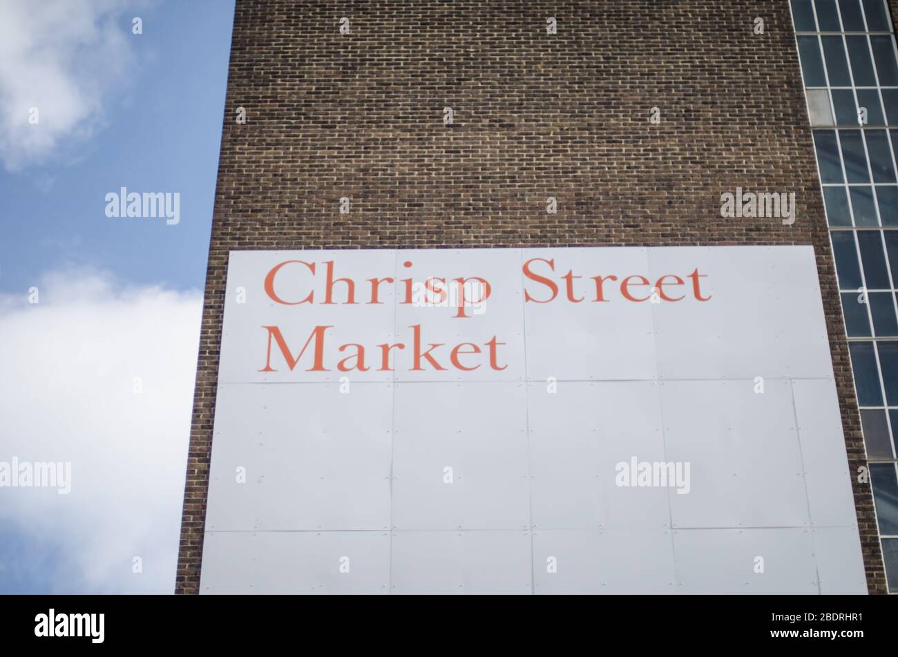LONDON- Chrisp Street Market in Poplar, Tower Hamlets. First purpose built pedestrian area in UK comprising of independent loca Stock Photo