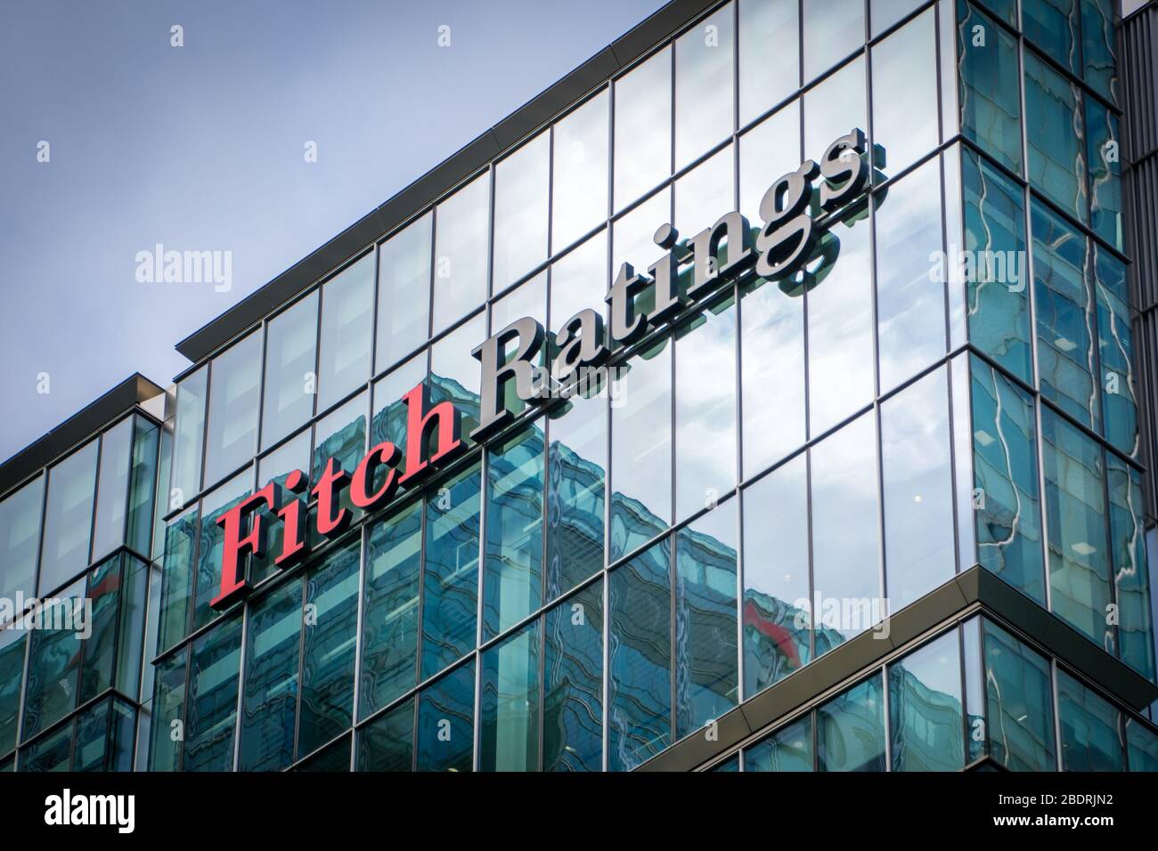 LONDON Fitch Ratings exterior logo in Canary Wharf, one of the 'big three' credit ratings