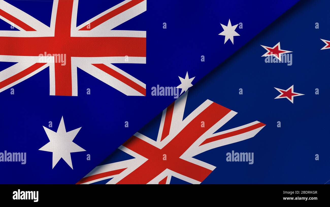 Two states flags of Australia and New Zealand. High quality business background. 3d illustration Stock Photo