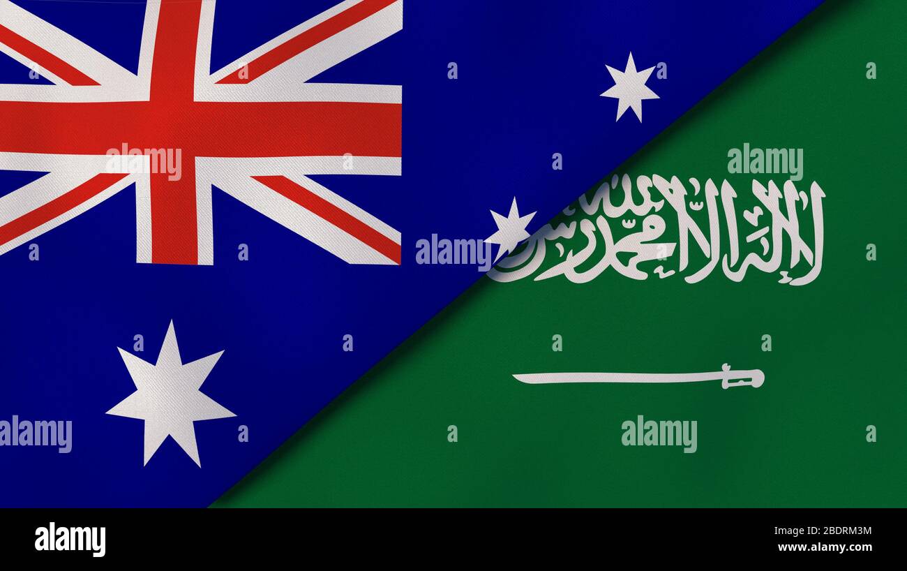 Two states flags of Australia and Saudi Arabia. High quality business background. 3d illustration Stock Photo