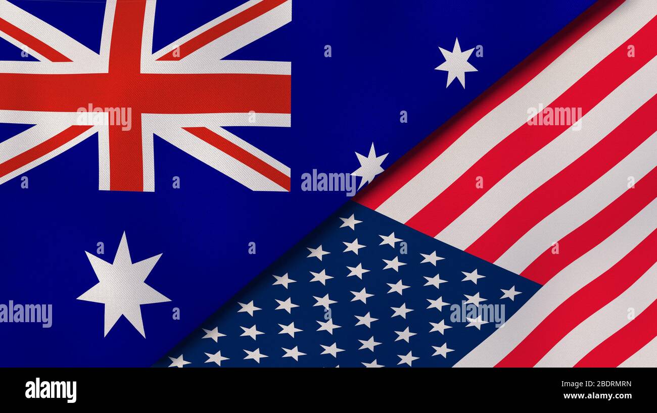 Two states flags of Australia and United States. High quality business background. 3d illustration Stock Photo