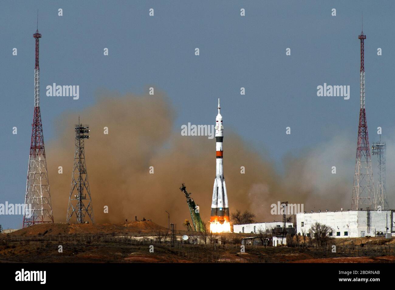 BAIKONUR, KAZAKHSTAN - 09 April 2020 - The Soyuz MS-16 lifts off from Site 31 at the Baikonur Cosmodrome in Kazakhstan Thursday, April 9, 2020 sending Stock Photo