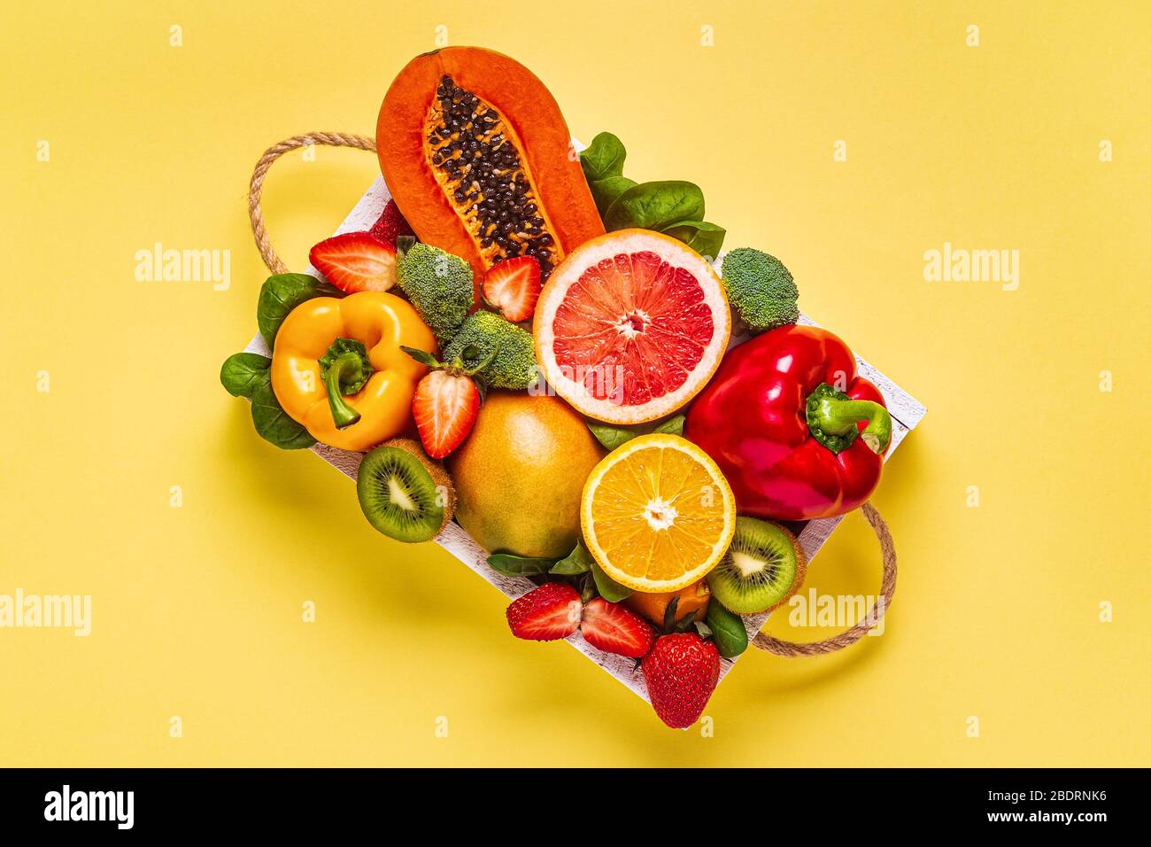 Fruits and vegetables rich in vitamin C in box. Healthy eating. Top view Stock Photo Alamy