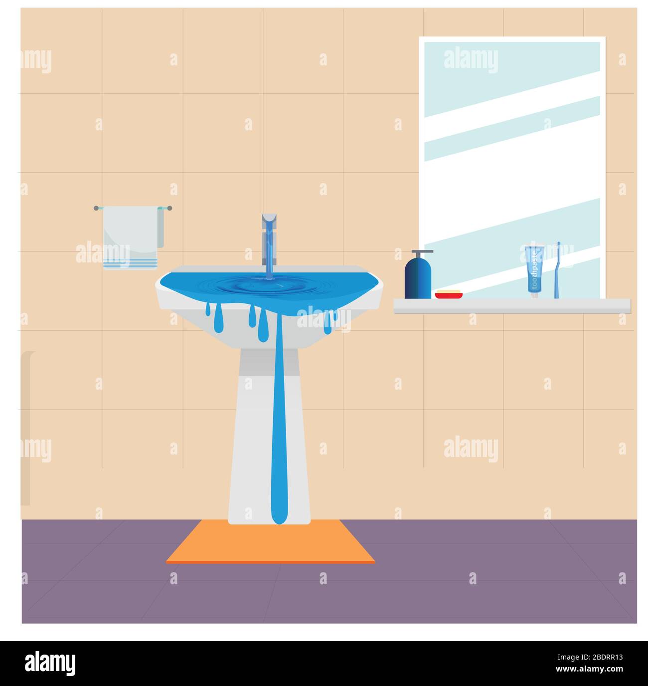 Wastage of water theme. Wastage of water from running tap as sink is overflow with the water. Wastage of water drop from overflowing sink and spreadin Stock Vector