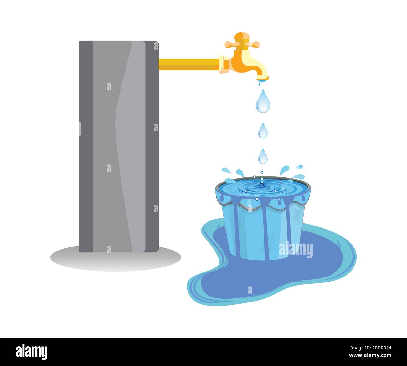 Wastage of water theme. Wastage of water from running tap as bucket is overflow with the water. Wastage of water drop from overflowing bucket and spre Stock Vector