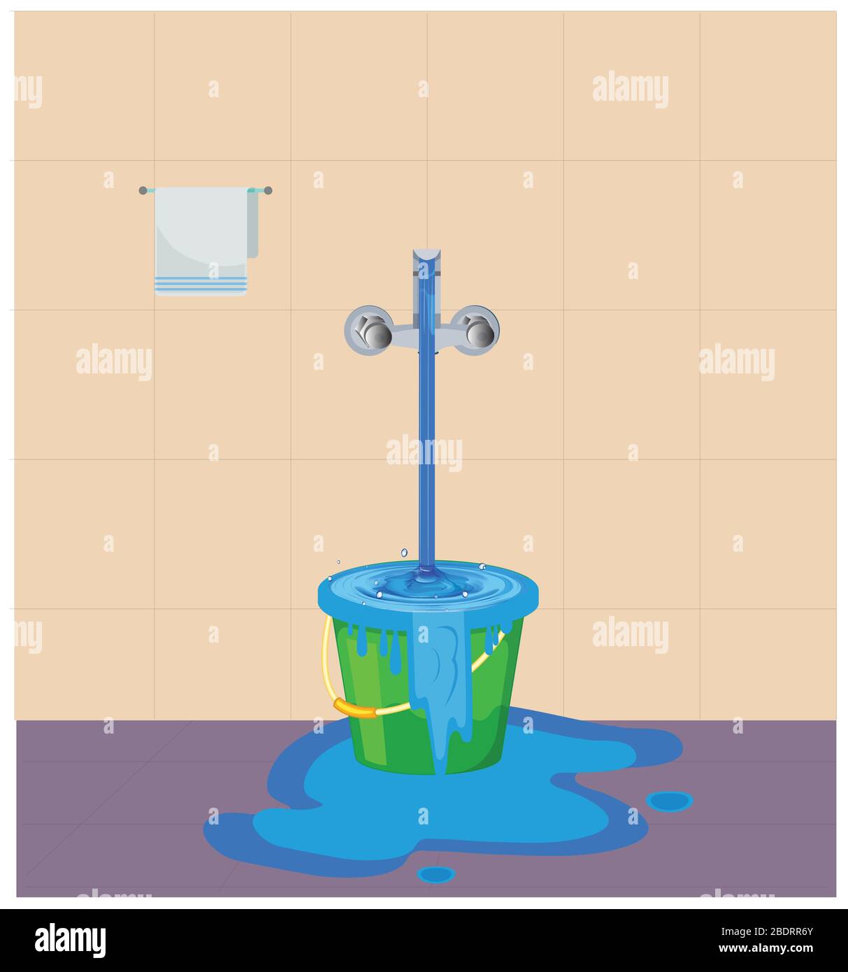 Wastage of water theme. Wastage of water from running tap as bucket is overflow with the water. Wastage of water drop from overflowing bucket and spre Stock Vector