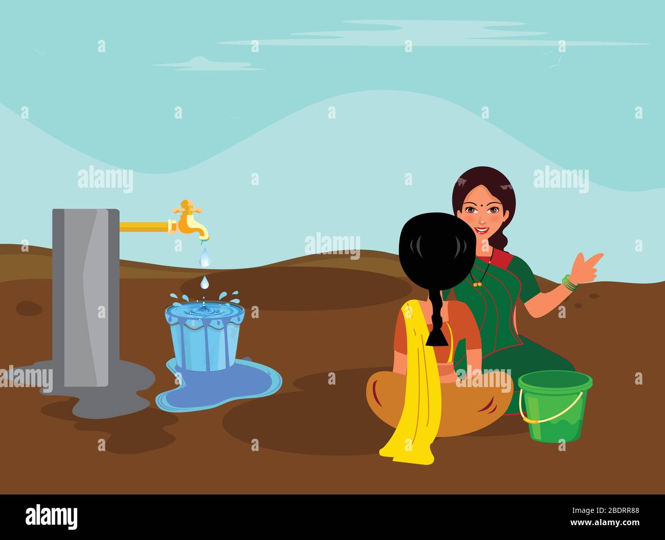wastage of water in village for lack of awareness. wastage of water by human.water waste social concept for saving water in earth.Two women discussed Stock Vector
