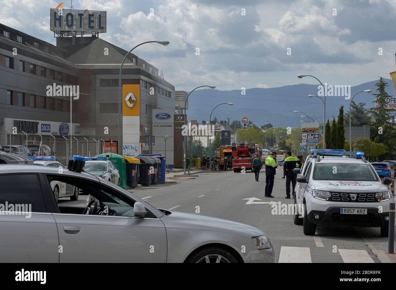 Madrid, Spain- April 8, 2020 Fire in Hyundai dealership in full alarm state due to coronavirus due to an electrical short circuit. Stock Photo