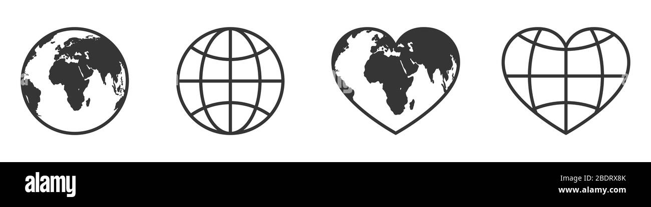 Globe icons set. World map symbol isolated. Vector illustration. Globe icon in shape of heart Stock Vector